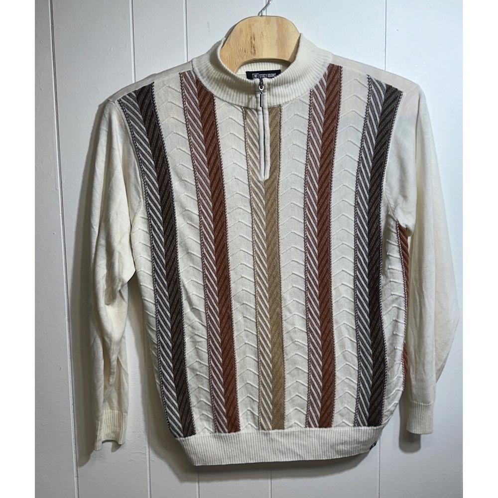 Stacy‎ Adams Mens XL Quarter Zip Sweater Cream Brown Striped Mock Neck Pullover